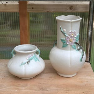 Vintage Weller Pottery 4.5” F-2 Bleeding Heart Floral Bouquet Vase and 9.5” Blossom Double Handled Branch Vase, Sold Separately