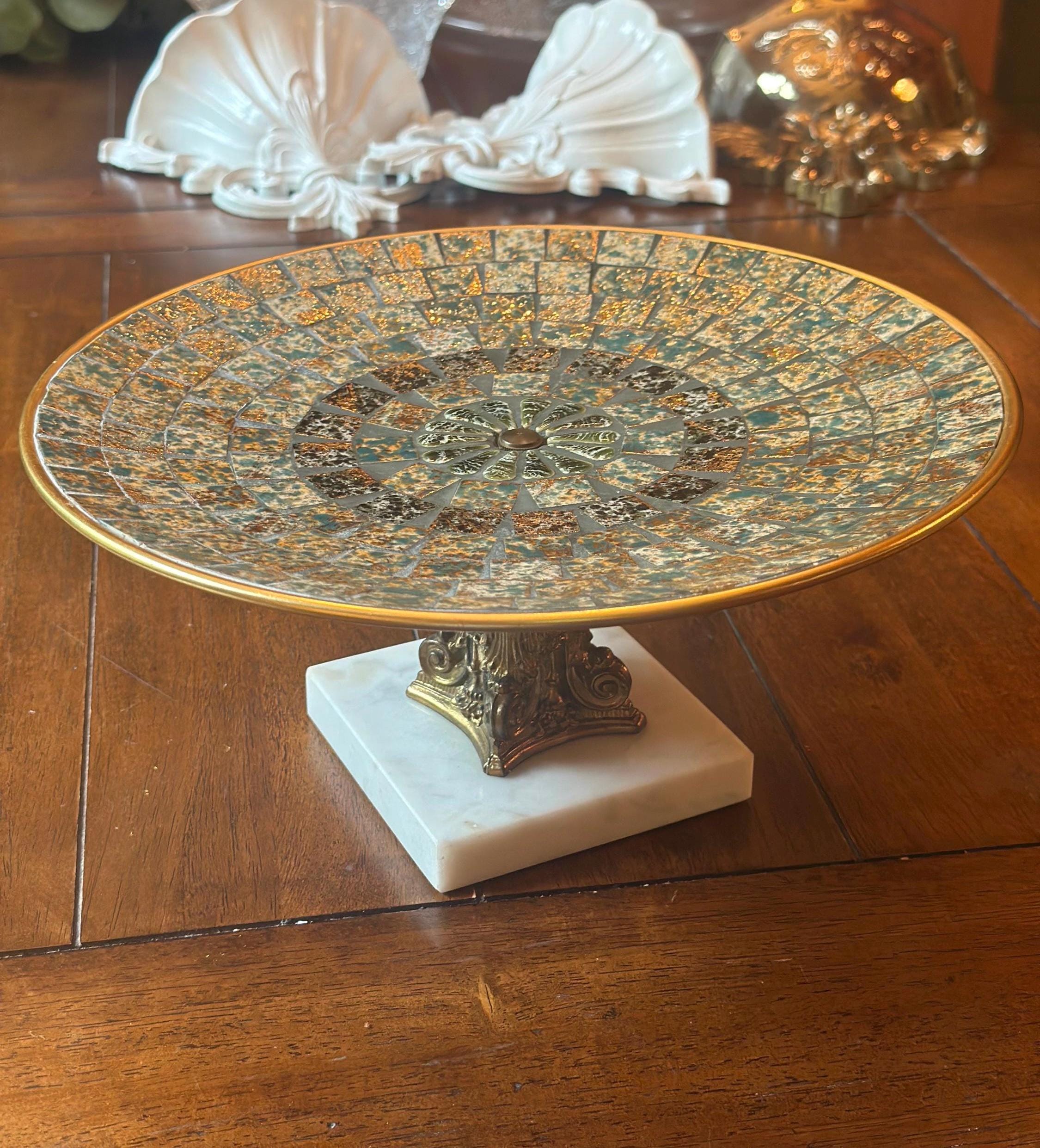 MCM 12” Mosaic Tile Pedestal Tray Dish Decor Green Gold Marble