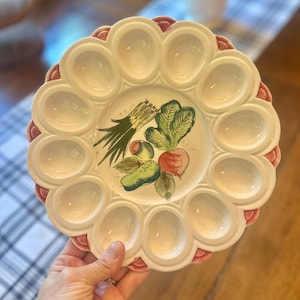 Vintage Handpainted Deviled Egg Plate for 12 Vegetable Design