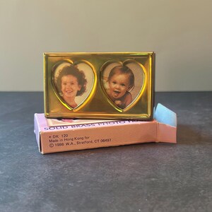 Tiny 1x1” Brass Gold Tone Double Heart Frame, Vintage 1986 with Original Box (C4)