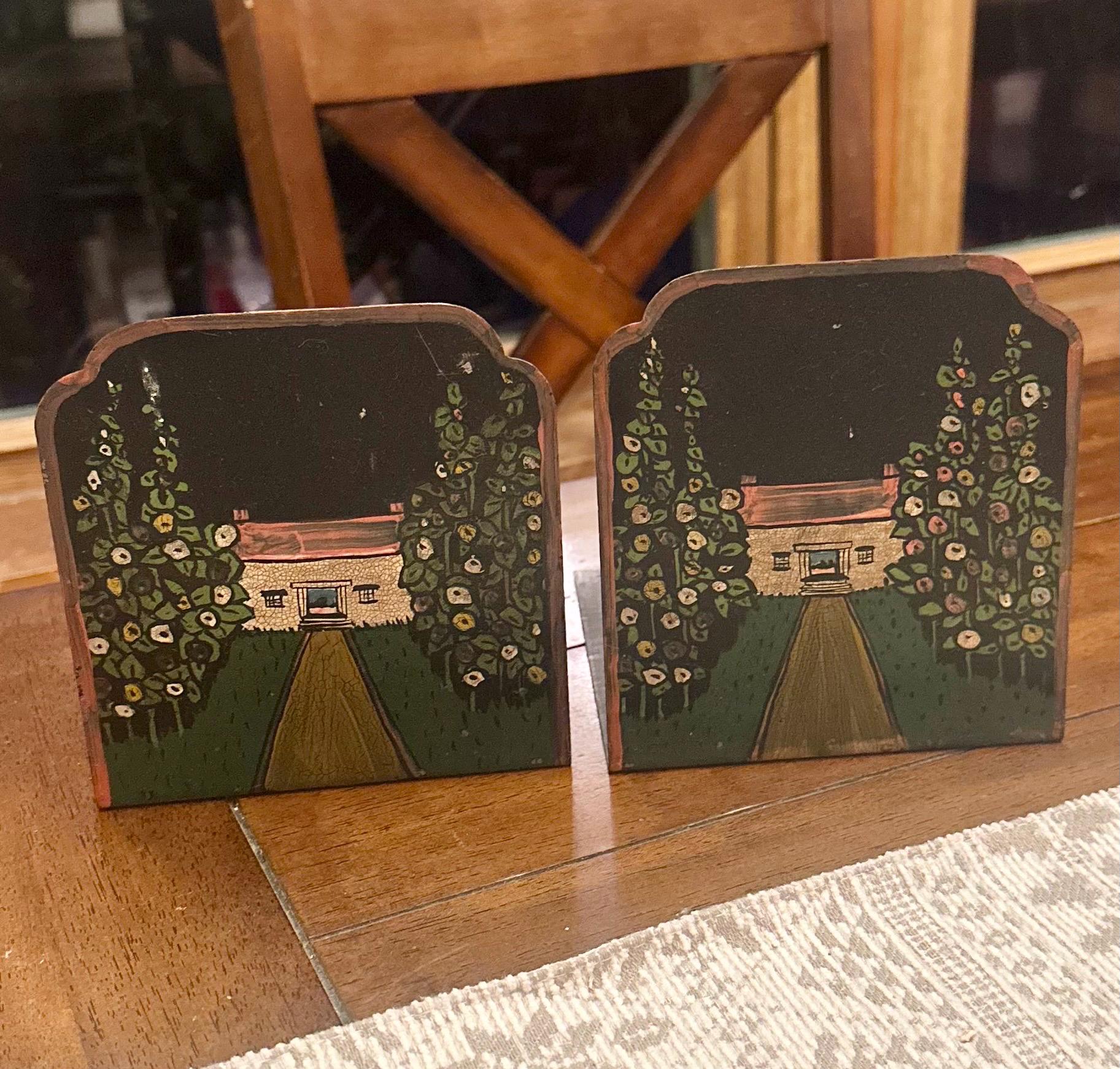 Handpainted Metal Bookends Folk Art Country