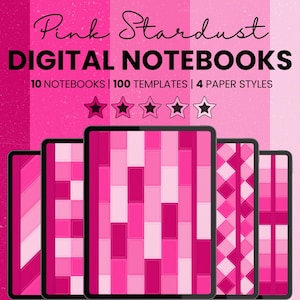 May include: Pink digital notebooks with various geometric patterns are displayed against a pink background. The text "Pink Stardust DIGITAL NOTEBOOKS" is at the top, with details about the notebooks below. The notebooks have 100 templates and 4 paper styles.