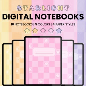 May include: Digital notebooks with a pink checkered cover and star accents are displayed. The image includes the text "STARLIGHT DIGITAL NOTEBOOKS" and details: "10 NOTEBOOKS | 5 COLORS | 4 PAPER STYLES". The notebooks have a black border.