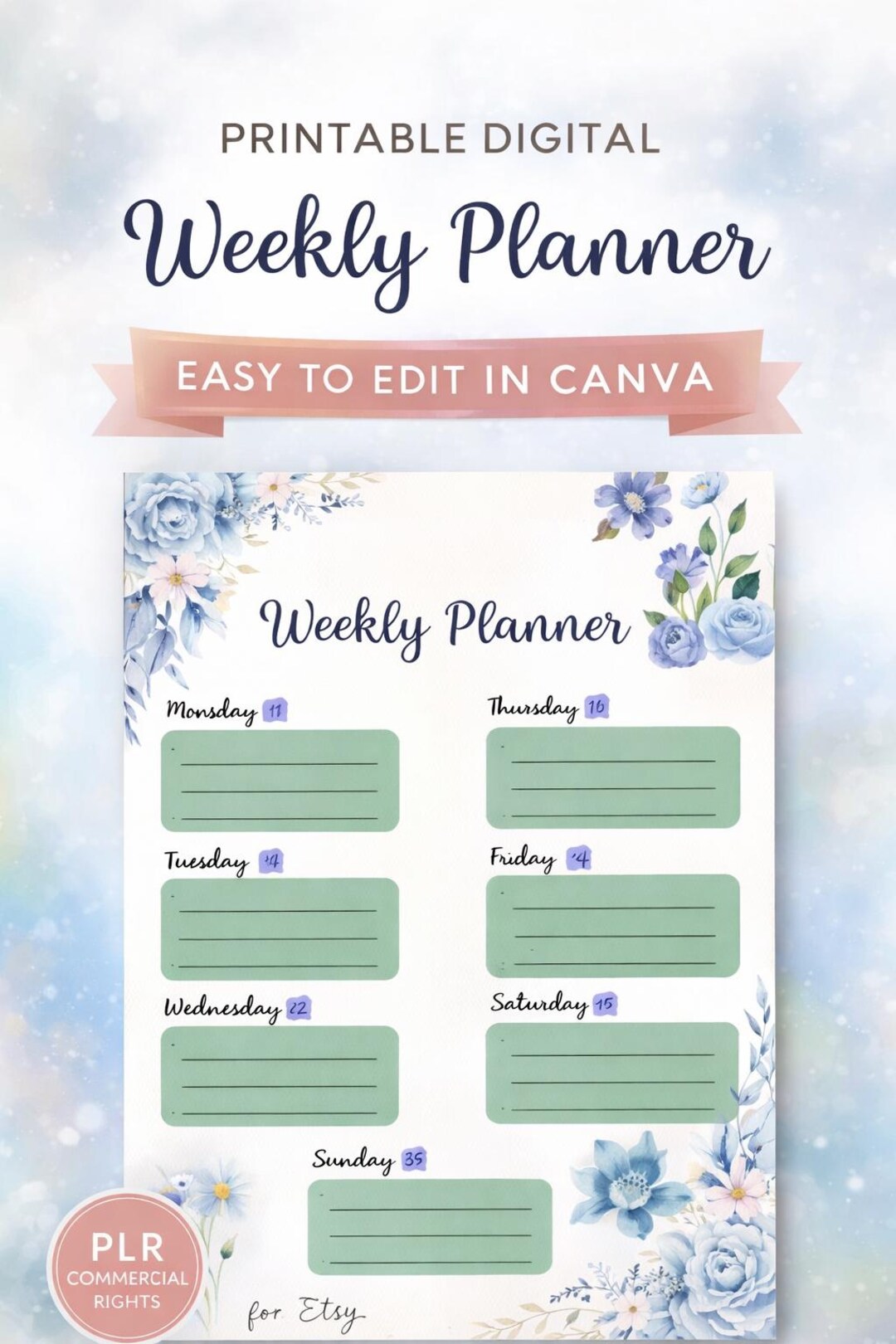 Elegant Floral Weekly Planner | Printable & Editable in Canva | PLR ...