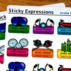 Scuba Name Stickers - Personalized Name Tags for Diving Logbook - Scuba Equipment Themed Name Labels - gift for scuba divers