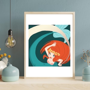 Mermaid Art Print - Digital Download | Cute Redhead Mermaid Wall Art | Printable Ocean Girl Illustration