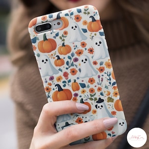 Spook Clay Look Ghosts in Flowers and Pumpkins Phone Case | Spooky Ghosts Floral Phone Case | Cute Halloween | iPhone | Pixel | Samsung