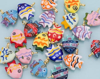 Ceramic Fish Charm Gold Filled Colorful ceramic charms handmade painted porcelain vintage necklace bracelet jewelry supply