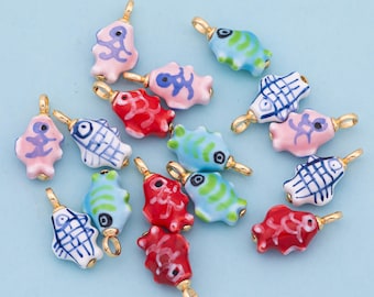 Ceramic Fish Charm Gold Filled Colorful ceramic charms handmade painted porcelain vintage necklace bracelet jewelry supply