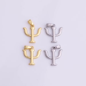 Dijes de letra griega Psi de 15 x 15 mm rellenos de oro de 18 quilates para pulseras y collares con barra de dijes, dijes minimalistas de oro blanco, plata y pavé de circonitas.