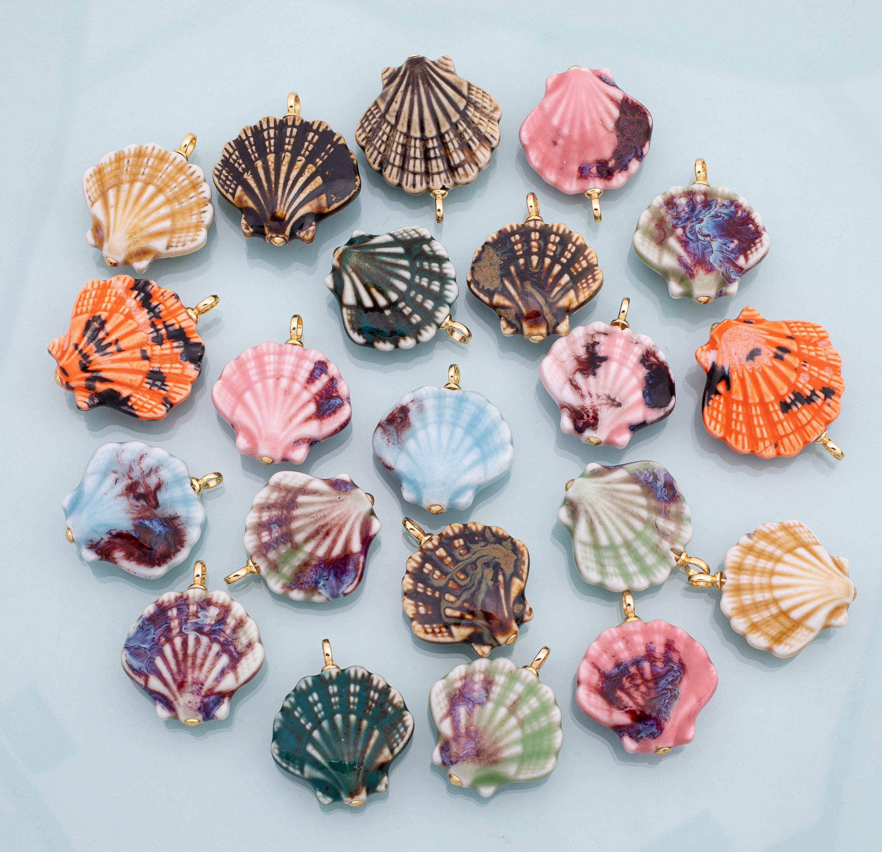 Ceramic Sea Shell Charm Colorful ceramic clam oyster shell charms handmade painted porcelain vintage necklace bracelet jewelry making supply