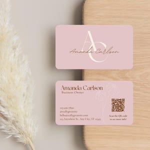 Plantilla de tarjeta de presentación rosa, elegante tarjeta de presentación con código QR, diseño minimalista con esquinas redondeadas, plantilla de descarga instantánea