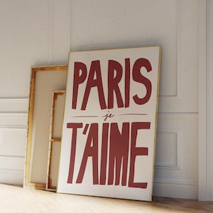 plakat ścienny paris, je t'aime print, czerwona estetyka, typografia ścienna, modny retro design, elegancki wystrój domu, pobieranie cyfrowe