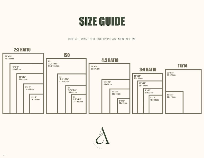 Puede incluir: Una tabla de gu&iacute;a de tallas con formas rectangulares y dimensiones en cent&iacute;metros y pulgadas. El texto "SIZE GUIDE" est&aacute; en la parte superior, con el texto "SIZE YOU WANT NOT LISTED? PLEASE MESSAGE ME" debajo.