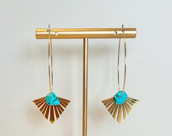 Art Deco Gold Fan & Natural Stone, Gemstone Earrings