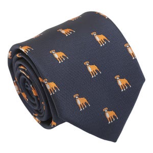 Navy Blue Boxer Dog EmbroideredTie, Woven Tie, Dog Patterned Tie, Casual Tie, Handmade Tie, Blue Tie, Holiday Gift, Gift for Men