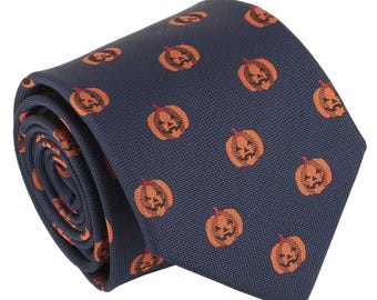 Navy Blue Jack O Lantern Tie, Handmade Microfibre
