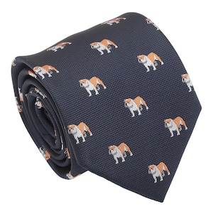 Navy Blue Bulldog Dog Embroidered Tie, Woven Tie, Dog Patterned Tie, Casual Tie, Handmade Tie, Blue Tie, Holiday Gift, Gift for Men