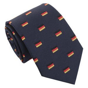 May include: A dark blue necktie with a repeating pattern of the German flag.