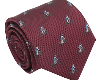 Burgundy Cycling Embroidered Tie, Woven Microfibre, Gift for Men