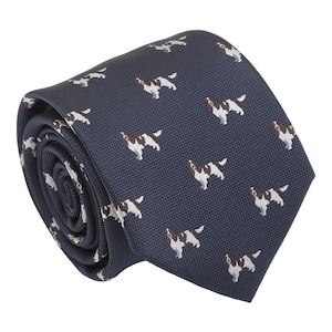 Navy Spaniel English Springer Tie, Woven Tie, Dog Patterned Tie, Casual Tie, Handmade Tie, Blue Tie, Holiday Gift, Gift for Men