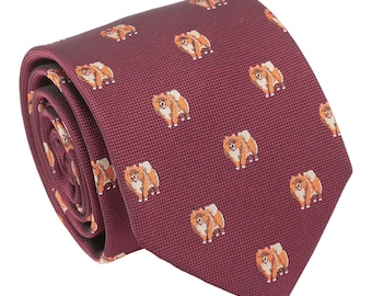 Corbata bordada de perro Pomerania burdeos, corbata tejida a mano