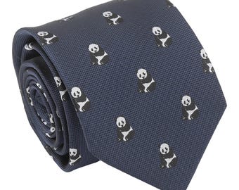 May include: A dark blue silk tie with a repeating pattern of white pandas.
