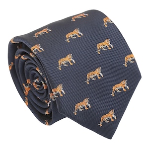 Navy Blue Tiger Tie, Woven Tie, Animal Patterned Tie, Casual Tie, Handmade Tie, Blue Tie, Holiday Gift, Gift for Men