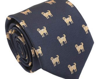 Navy Blue Golden Retriever Embroidered Woven Tie