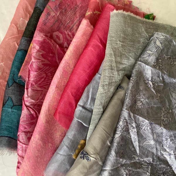 Sari Silk Remnants Grey/Pink 10 pcs mixed sizes #journals #scrapbooking #couching #crafts #patchwork #boho