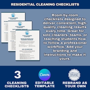 May include: Three cleaning checklists with the text "Your Cleaning Company" and "Residential Cleaning Checklists". The checklists are designed to deliver consistent, high-quality cleaning results. The image also includes the text "Canva Editable Template" and "Rebrand as Your Own".