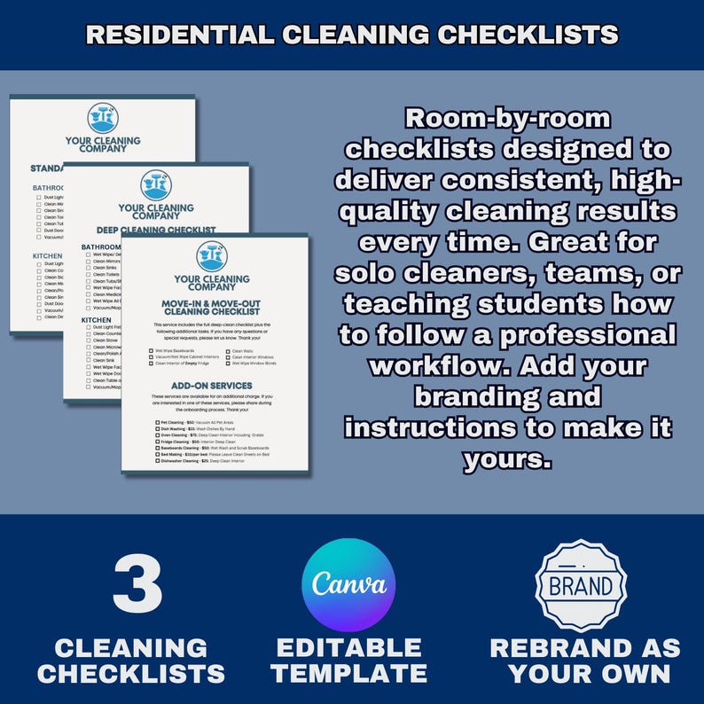 May include: Three cleaning checklists with the text "Your Cleaning Company" and "Residential Cleaning Checklists". The checklists are designed to deliver consistent, high-quality cleaning results. The image also includes the text "Canva Editable Template" and "Rebrand as Your Own".