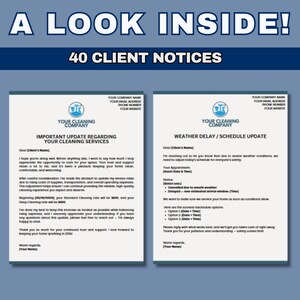 May include: Image of two client notices from a cleaning company. The notices are on white paper with the company logo and contact information. The top text reads "A LOOK INSIDE!" and "40 CLIENT NOTICES".