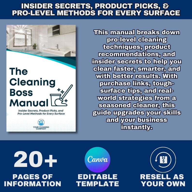 May include: A manual titled "The Cleaning Boss Manual" with text that reads "Insider Secrets, Product Picks, & Pro-Level Methods for Every Surface." The manual promises pro-level cleaning techniques and insider secrets.