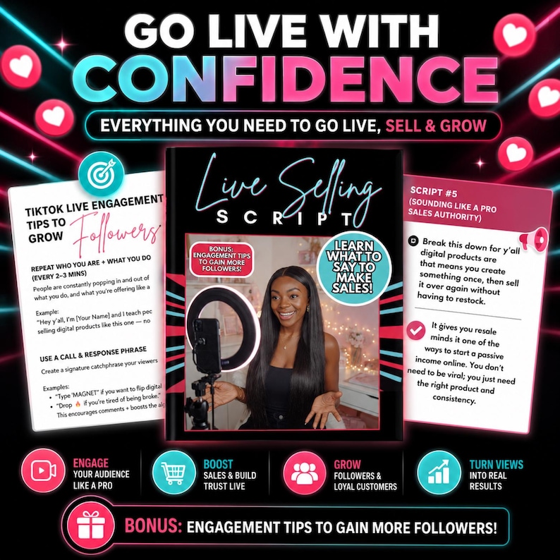 May include: A digital guide titled Live Selling Script featuring text on how to grow followers and make sales on TikTok. The cover displays a person with a ring light and phone, surrounded by engagement tips, scripts, and growth strategies.