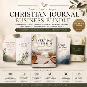 Peut inclure: Un ensemble de journaux chrétiens avec le texte "Create. Inspire. Impact." Les journaux incluent "Study to Show Bible Study Journal", "Meet Him Here", "Every Day With Him Journal Bundle", "Dwell in the Word" et "Pour It Out".