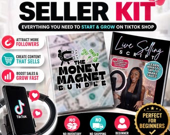 May include: A TikTok Live Seller Kit featuring a smartphone in a ring light stand, a Money Magnet Bundle guide, and a Live Selling Script book. The graphic includes text about starting and growing on TikTok Shop, with icons for followers and sales.