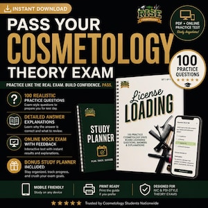 May include: A cosmetology exam study guide set featuring a spiral-bound book titled License Loading, a matching study planner, and a smartphone displaying a practice test. The black and gold design includes text detailing 100 practice questions.