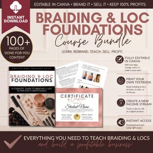 Op de afbeelding: Een digitale cursusbundel getiteld "Braiding & Loc Foundations" met een roze en wit ontwerp. De afbeelding bevat een leerboek, certificaat en gereedschap. Tekst bevat "Direct downloaden", "100+ pagina's kant-en-klare inhoud" en "Alles wat je nodig hebt om vlechten en locs te leren".