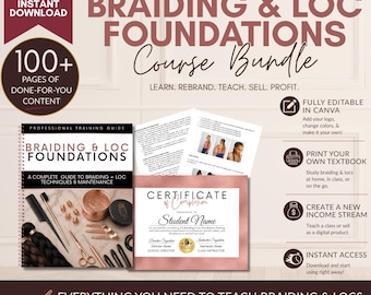 Braiding & Loc Foundations Textbook | 149-Page Editable Canva Template | Student Training Manual for Hair Braiding Instructors