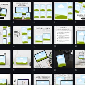 May include: A collection of digital planner templates displayed in a grid layout, featuring various mockups of tablets, smartphones, and laptops with placeholder landscape imagery, text boxes, and labels like Digital Planner and Free Guide.