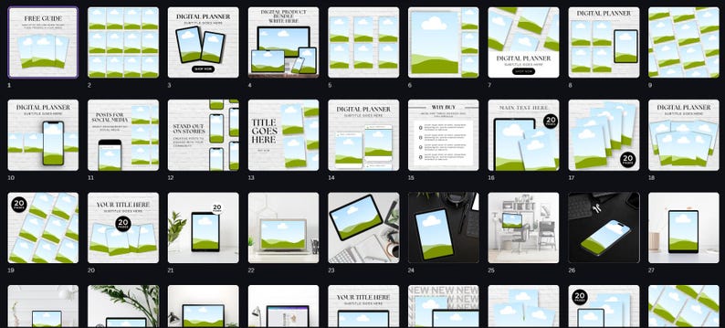 May include: A collection of digital planner templates displayed in a grid layout, featuring various mockups of tablets, smartphones, and laptops with placeholder landscape imagery, text boxes, and labels like Digital Planner and Free Guide.