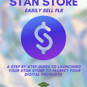 May include: A digital graphic featuring the text STAN STORE EASILY SELL PLR at the top, a central purple circle with a white dollar sign, and the text A STEP BY STEP GUIDE TO LAUNCHING YOUR STAN STORE TO MARKET YOUR DIGITAL PRODUCTS below.