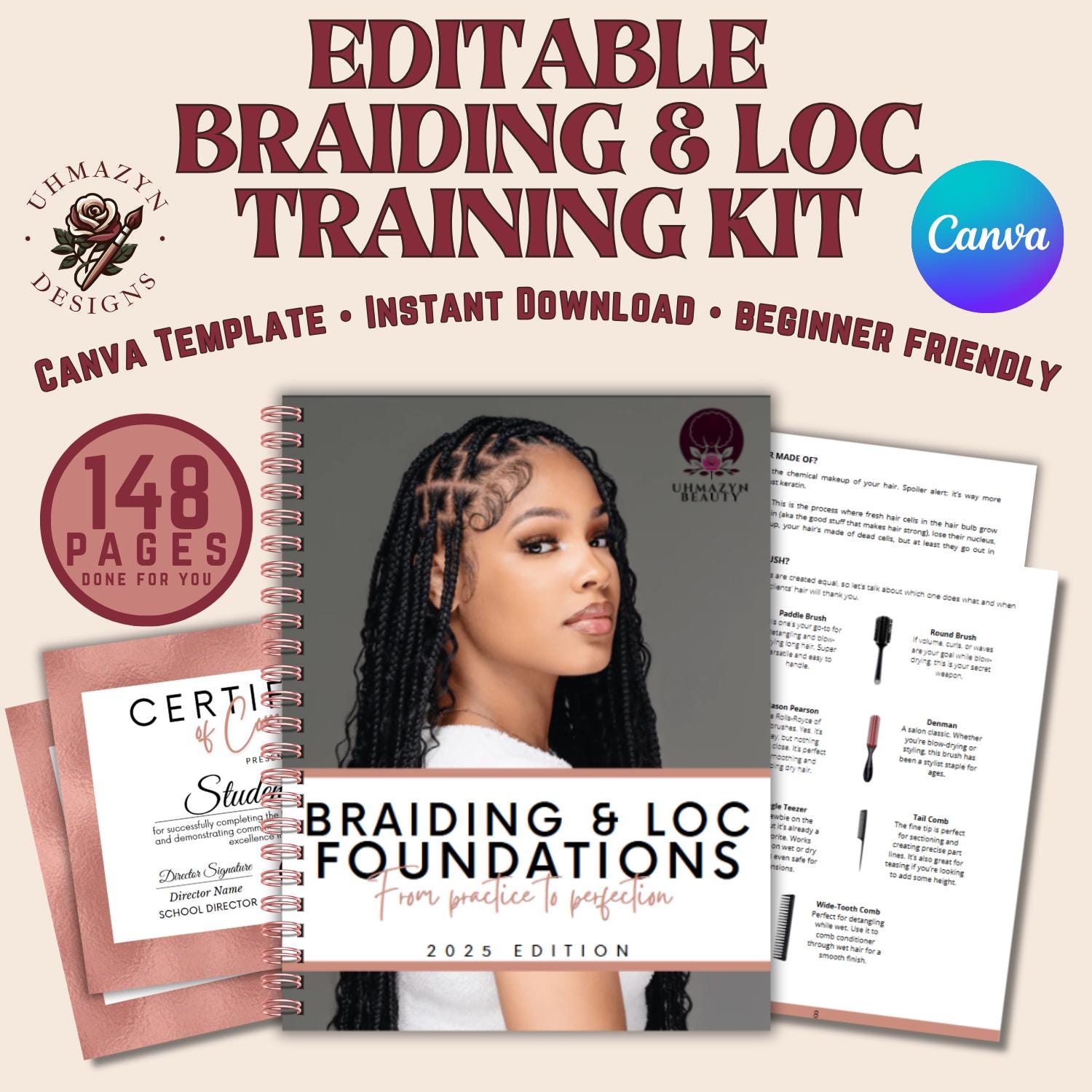 Braiding & Loc Foundations Student Workbook: 149-Page Editable Canva Template (2025 Edition)