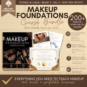 Könnte beinhalten: Ein Bundle mit Make-up-Kursmaterialien, darunter ein Spiralbuch, Beispielseiten und ein Zertifikat. Der Text lautet "Makeup Foundations Course Bundle" und "Everything you need to teach makeup and build a profitable business!"