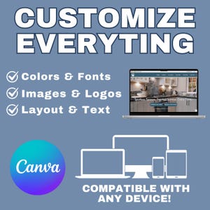 May include: A digital design graphic with the words "CUSTOMIZE EVERYTHING" in white. The image highlights options for colors, fonts, images, logos, layout, and text. A laptop, computer, tablet, and phone are shown, with the text "COMPATIBLE WITH ANY DEVICE!"