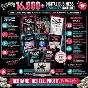 May include: A digital business resource bundle featuring 16,800+ items including faceless reel templates, a Stan store setup guide, Canva customisation guides, digital planner kits, product listing mockups, ChatGPT prompts, and customer service emails.