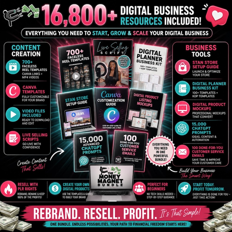May include: A digital business resource bundle featuring 16,800+ items including faceless reel templates, a Stan store setup guide, Canva customisation guides, digital planner kits, product listing mockups, ChatGPT prompts, and customer service emails.