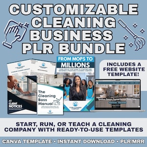 May include: A promotional image for a cleaning business PLR bundle. The image includes a book titled "From Mops to Millions", a laptop with a website template, and various documents. Text includes "Customizable Cleaning Business PLR Bundle" and "Includes a Free Website Template!"