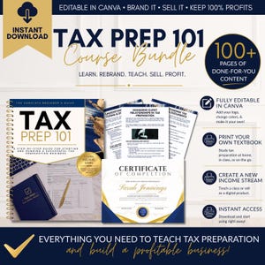 Puede incluir: Un paquete de cursos Tax Prep 101 con un libro encuadernado en espiral, documentos y un certificado. El paquete incluye más de 100 páginas de contenido listo para usar. El texto de la imagen dice: Aprender, Rebrandear, Enseñar, Vender, Beneficiarse.